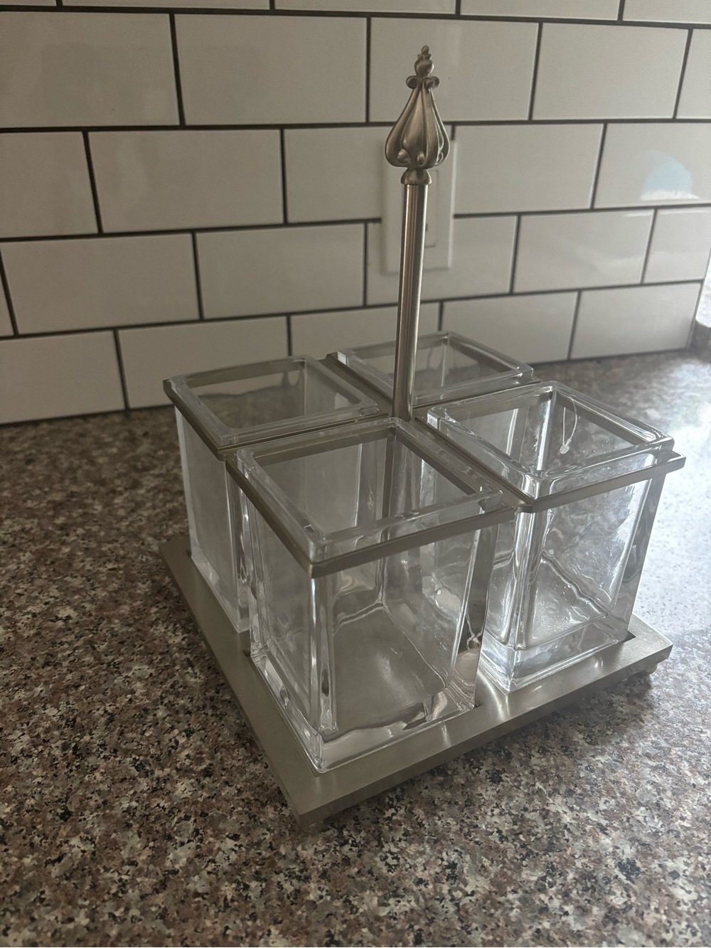 Glass Countertop Utensil & Condiment Holder - Clear Glass with Silver Frame
